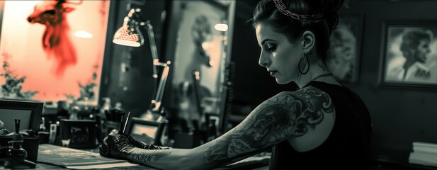 Within the tattoo salon, a talented female tattooist demonstrates her craft with precision and artistry.
