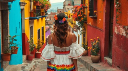 A young Mexican woman stands with her back and admires the view of the Mexican street. A traveler traveling on vacation in the most beautiful place in the world. Summer vacation