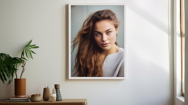 Woman hanging picture on wall in room. Interior design