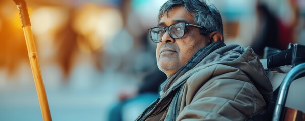handsome indian man with visual impairment in casual attire with glasses and walking stick, banner - obrazy, fototapety, plakaty