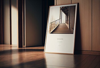 Vertical wooden frame poster on wooden floor with white wall. Wooden frame mock up. 3D illustrations. Generative AI