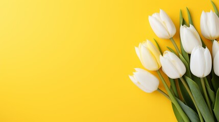 Yellow and white tulip flowers bouquet in front of yellow background. Top view flat lay. With copy space