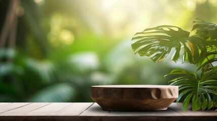 Wood podium table top outdoors blur green monstera tropical forest plant nature background.Beauty cosmetic healthy natural product placement pedestal display,spring or summer jungle paradise - obrazy, fototapety, plakaty