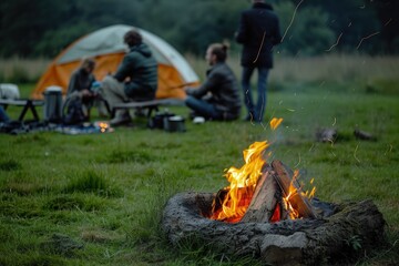 Camping in the forest. Camping in the forest. The fire burns.