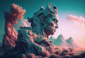 Digital illustration of a landscape in fantasy art with a large statue. Generative AI