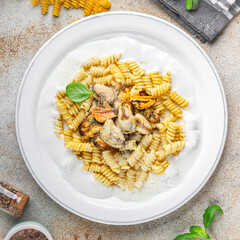 fusilli pasta with mussels seafood Mediterranean cuisine tasty fresh eating cooking appetizer meal food snack on the table copy space food background rustic top view