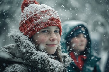 Cute little girl in a red hat and jacket on a walk in the snow