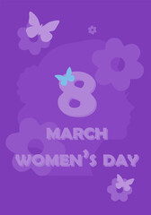 Women's Day, March 8. Vector illustration in honor of Women's Day. Multicolored backgrounds. Silhouettes of women. Silhouettes of butterflies and flowers. Color harmony. Text on March 8