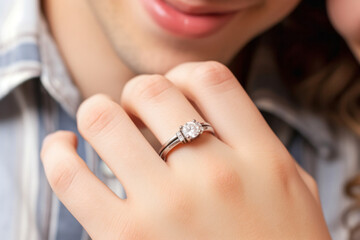 Close up of a man holding a diamond ring in his hand.