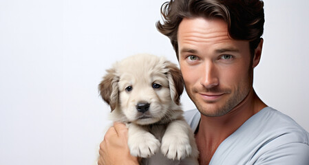 Portrait of a handsome young man with a golden retriever puppy