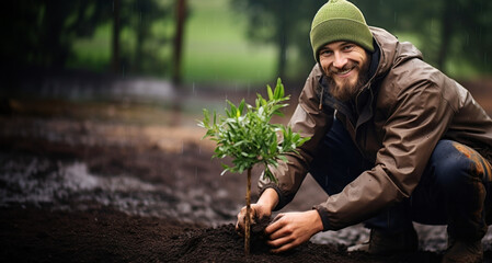 Handsome young man planting tree in the garden at rainy day