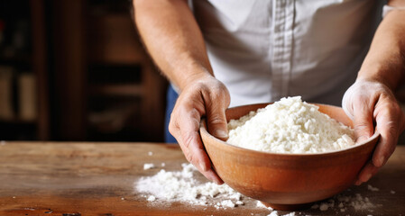 Man's hands kneading dough in a wooden bowl, closeup