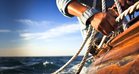 Closeup of a man's hand pulling the rope on a sailboat - obrazy, fototapety, plakaty