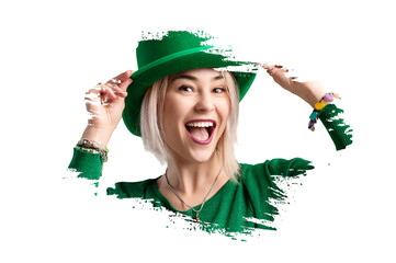 St. Patricks Day woman. Beautiful smiling woman wearing green hat.