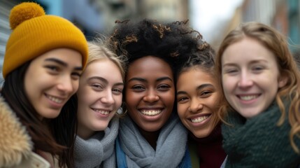 Young women of different races stand together, smiling for a portrait.