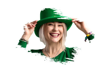 St. Patricks Day woman. Beautiful smiling woman wearing green hat.