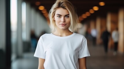 Pretty blonde female standing and looking at the camera, wearing long white cotton T-shirt, white shirt mockup,