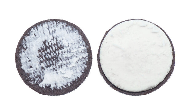 Ocala, FL January 5, 2024 Oreo sandwich cookie biscuit traditional flavor chocolate and vanilla cream double stuff. separated showing icing and under view of wafer isolated on white background