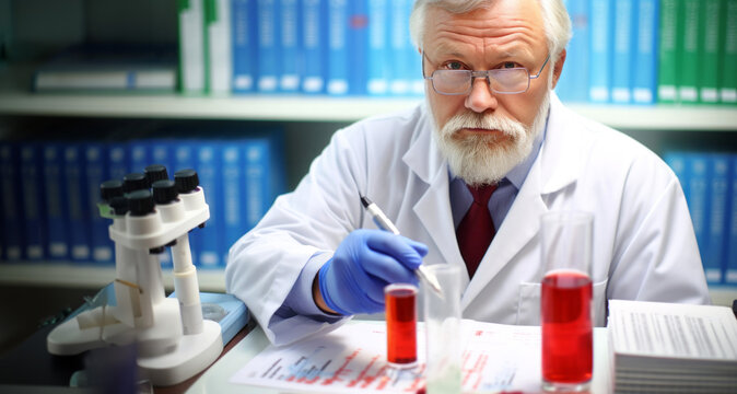 Senior male researcher carrying out scientific research in a lab (shallow DOF; color toned image)