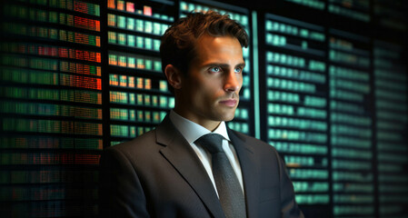 Fototapeta premium Portrait of young businessman looking at monitor with stock market data.