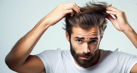 Portrait of a young man combing his hair on grey background - obrazy, fototapety, plakaty