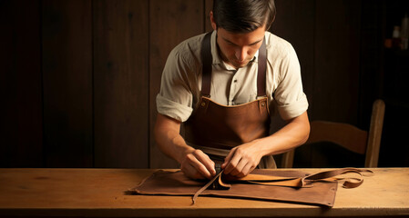 Fototapeta na wymiar man working in a leather workshop with a leather craft bag and tools