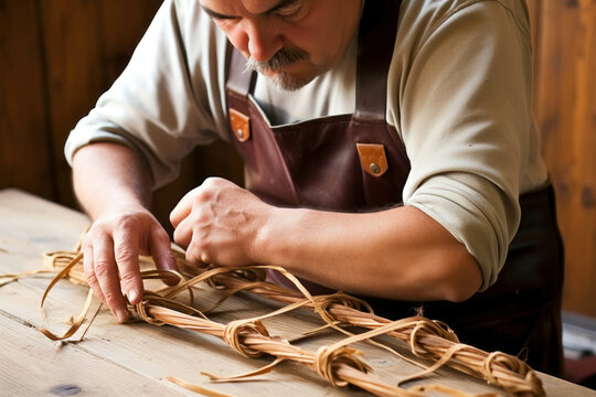 Close-up of craftsman working with twine in his workshop