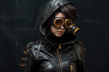 Fashion cyberpunk girl in a leather hoodie jacket wears, cyberpunk female with a leather hoodie jacket, safety eyewear and a gas mask , Ai generated