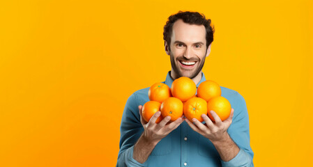 Cheerful young man holding oranges on yellow background, panorama