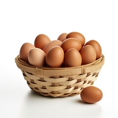Eggs in a wooden basket isolated on white background