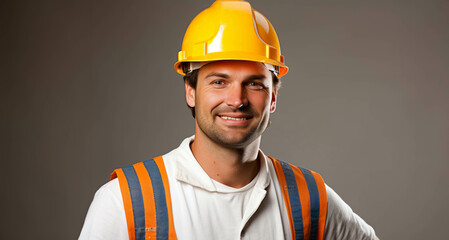 Portrait of a handsome young man in hardhat on gray background - obrazy, fototapety, plakaty