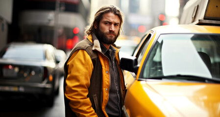 Handsome man in yellow jacket standing on the street near taxi