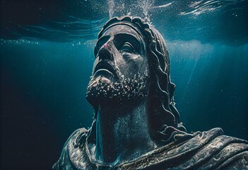 Underwater view of christ the redeemer statue at the bottom of the ocean. Generative AI - obrazy, fototapety, plakaty