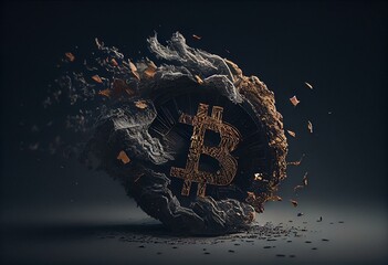 Bitcoin piece disintegrating in the wind symbolizes its highly volatile nature, leading to financial ruin. Generative AI - obrazy, fototapety, plakaty