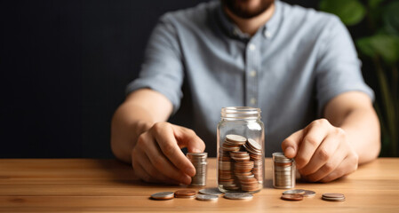 Fototapeta na wymiar Man putting coins into glass jar at table in office, closeup