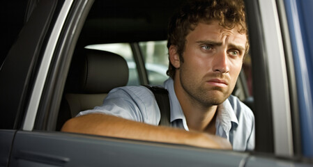 Portrait of a handsome young man sitting in a car and looking away