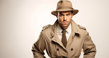 Handsome man in beige trench coat and hat. Studio shot.