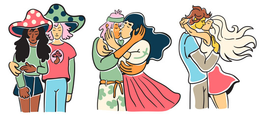 set of lovers on a date. couple hugging and kissing.people in doodle flat style in vector.template for poster invitation sticker logo website design