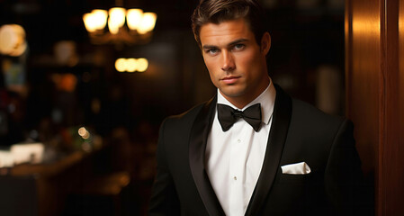 Fototapeta premium Handsome young man in tuxedo standing in a restaurant