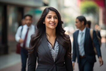 Indian businesswoman walking street smiling 