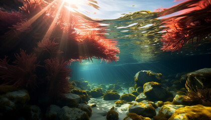 Underwater beauty fish, coral, sea life, swimming in tropical paradise generated by AI