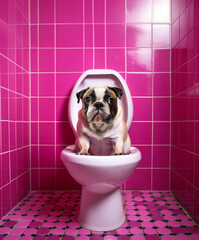 Cute dog sitting on a toilet seat in a pink bathroom