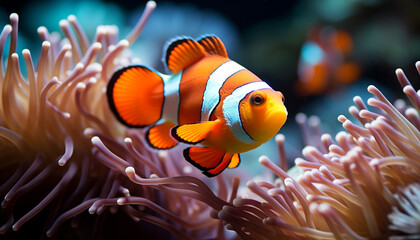 Naklejka na ściany i meble Colorful clown fish swim in vibrant coral reef underwater generated by AI