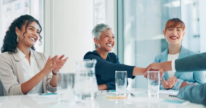 Business, interview and people shaking hands in meeting with recruitment, success and onboarding. Congratulations, handshake and hiring person with welcome, agreement and happy b2b collaboration