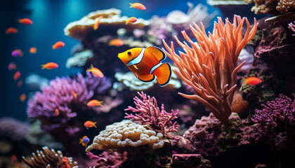 Naklejka na ściany i meble Colorful clown fish swimming in a vibrant underwater reef generated by AI