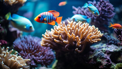 Naklejka na ściany i meble Colorful clown fish swimming in a tropical reef underwater generated by AI
