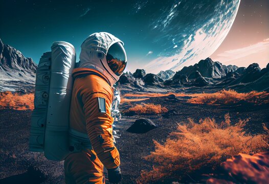 astronaut in another planet is cheking the terrain rear view. Generative AI