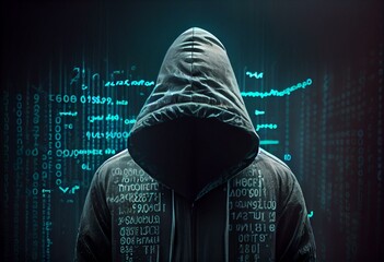 The dark web hooded hacker, digital binary code on background Banner with copy space - Generative AI
