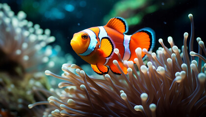 Naklejka na ściany i meble Vibrant clown fish swimming in colorful coral reef underwater generated by AI