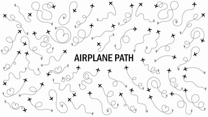 Airplane or aeroplane routes path set. Travel concept from start point and dotted line tracing. Aircraft tracking, plane path, travel, map pins, location pins. Vector illustration. White background.